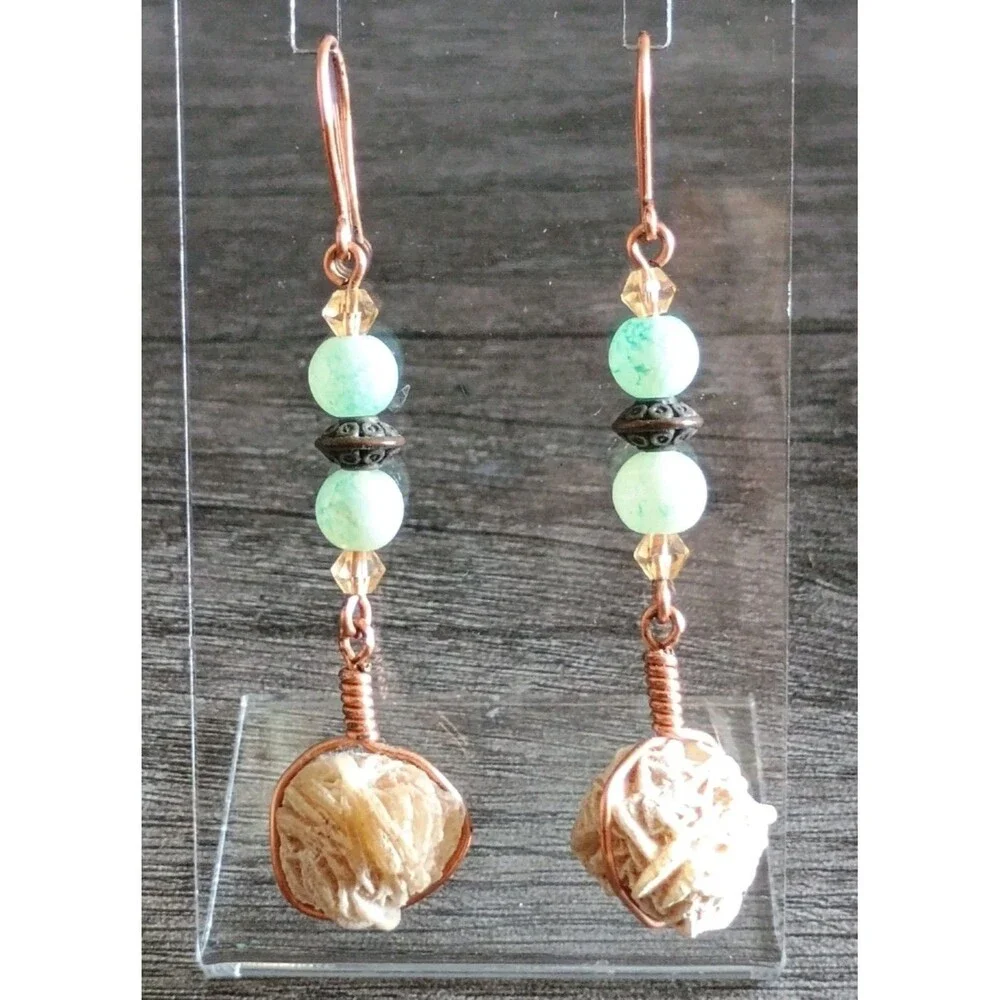 Desert Rose Selenite Light Seafoam Green Champagne Crystal Copper Wire Earrings